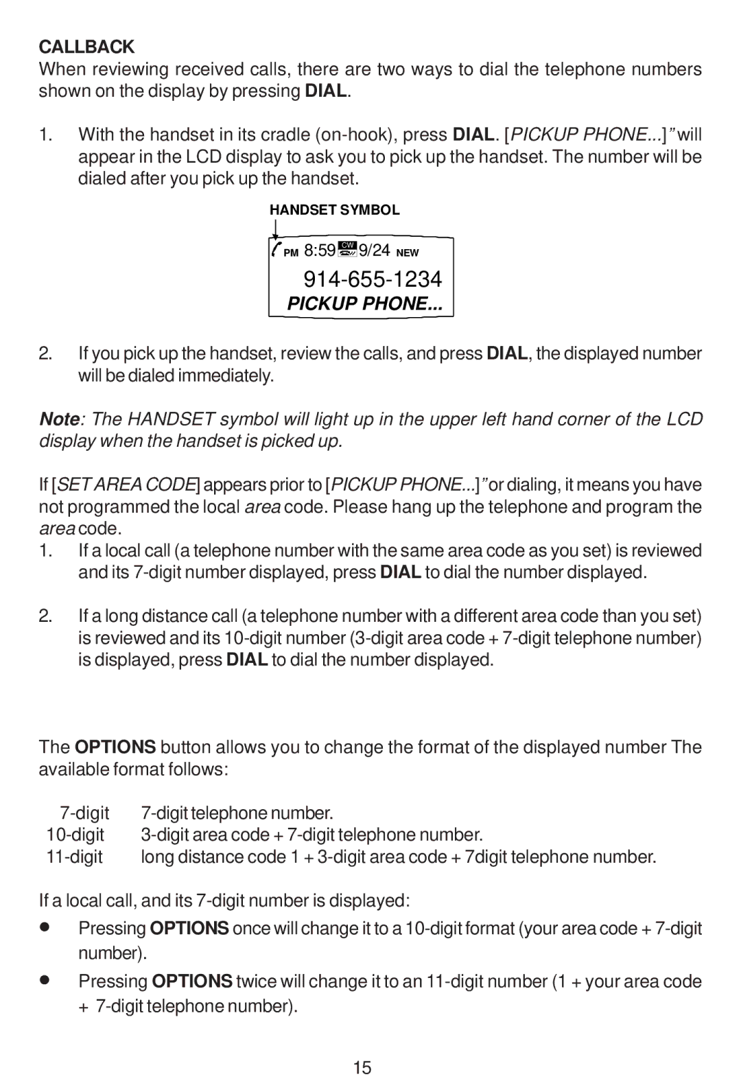 Cortelco 2194**VOE27S instruction manual Callback, Pickup Phone 