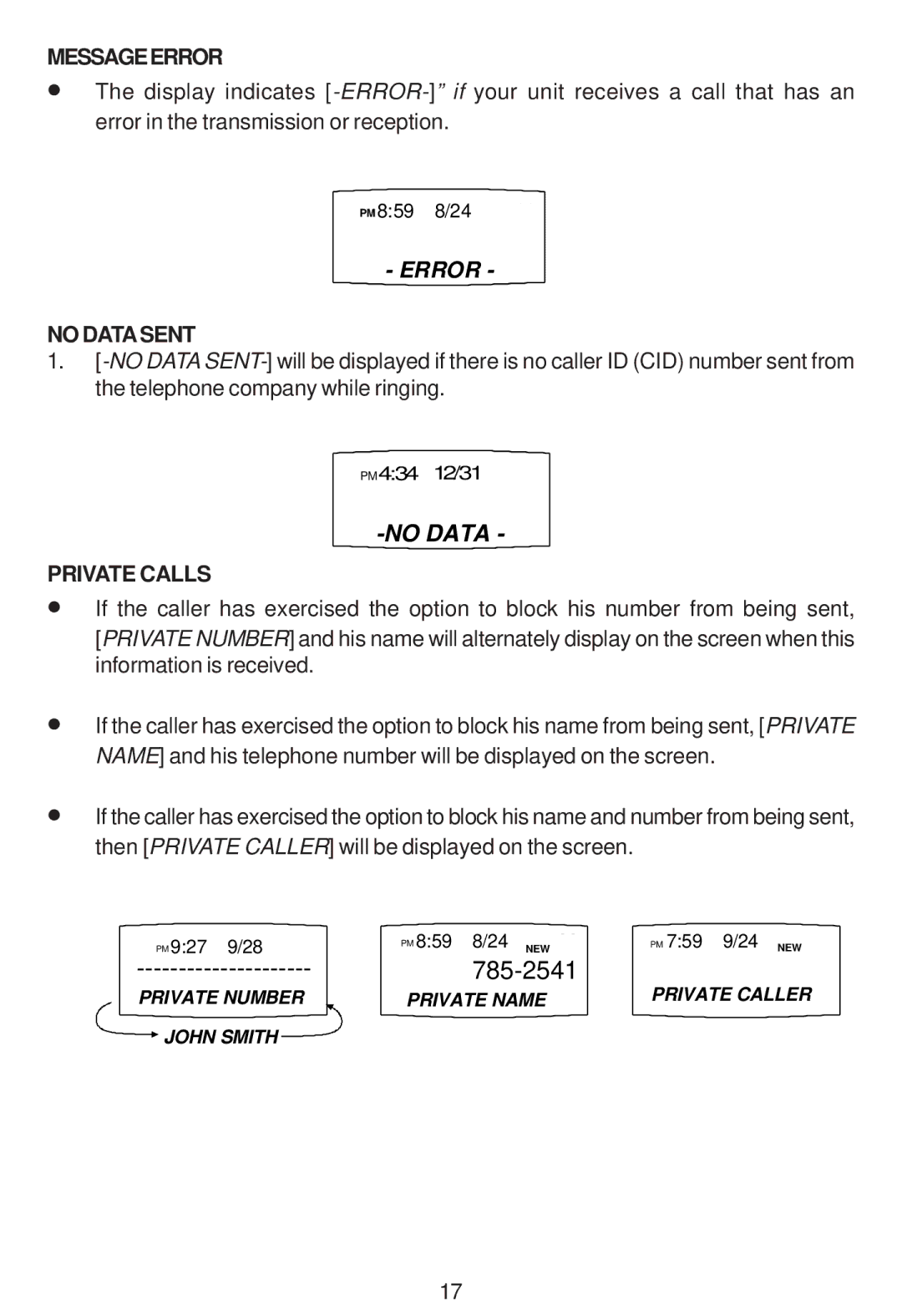 Cortelco 2194**VOE27S instruction manual Messageerror, No Datasent, Private Calls 