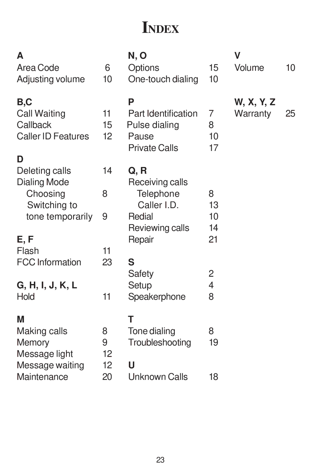 Cortelco 2194**VOE27S instruction manual Index, Y, Z 