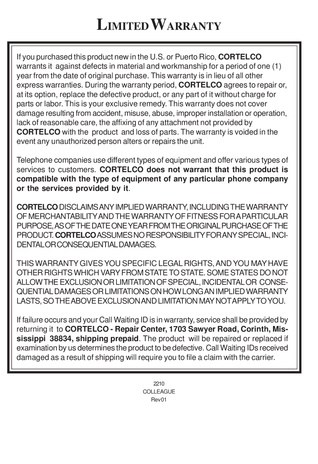 Cortelco 2194**VOE27S instruction manual Limitedwarranty 