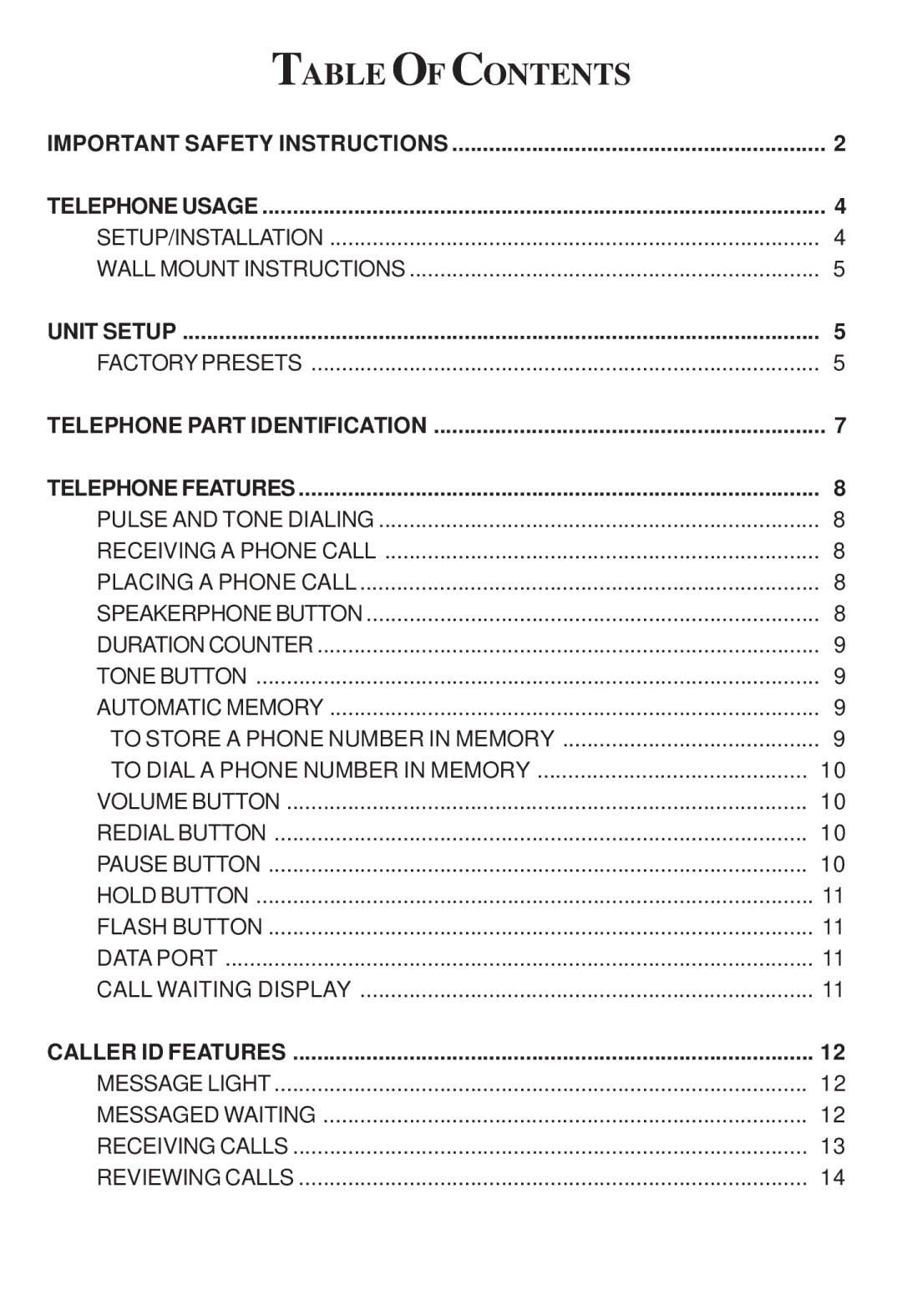 Cortelco 2194**VOE27S instruction manual Table of Contents 