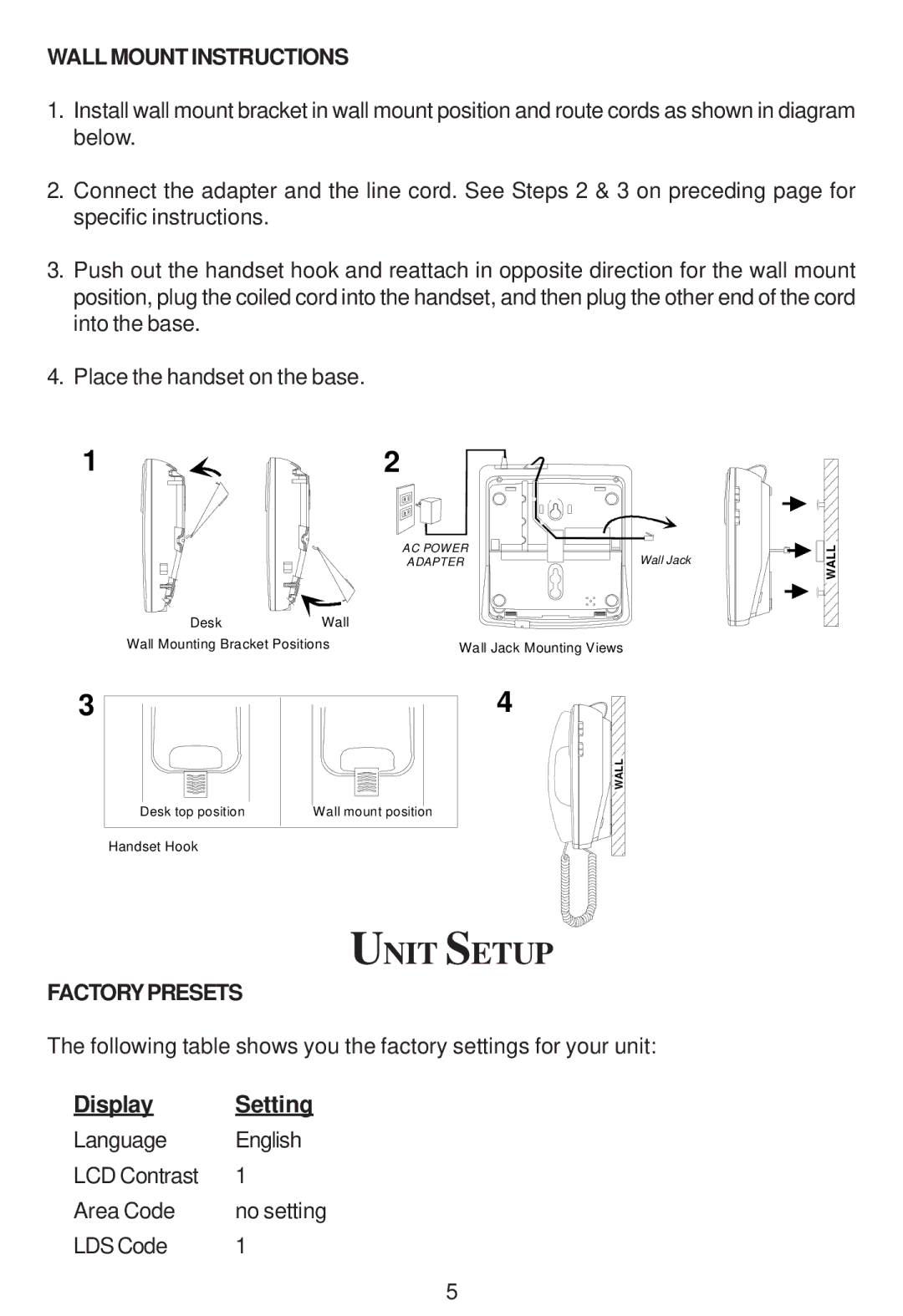 Cortelco 2194**VOE27S instruction manual Unit Setup, Wall Mount Instructions, Factorypresets 