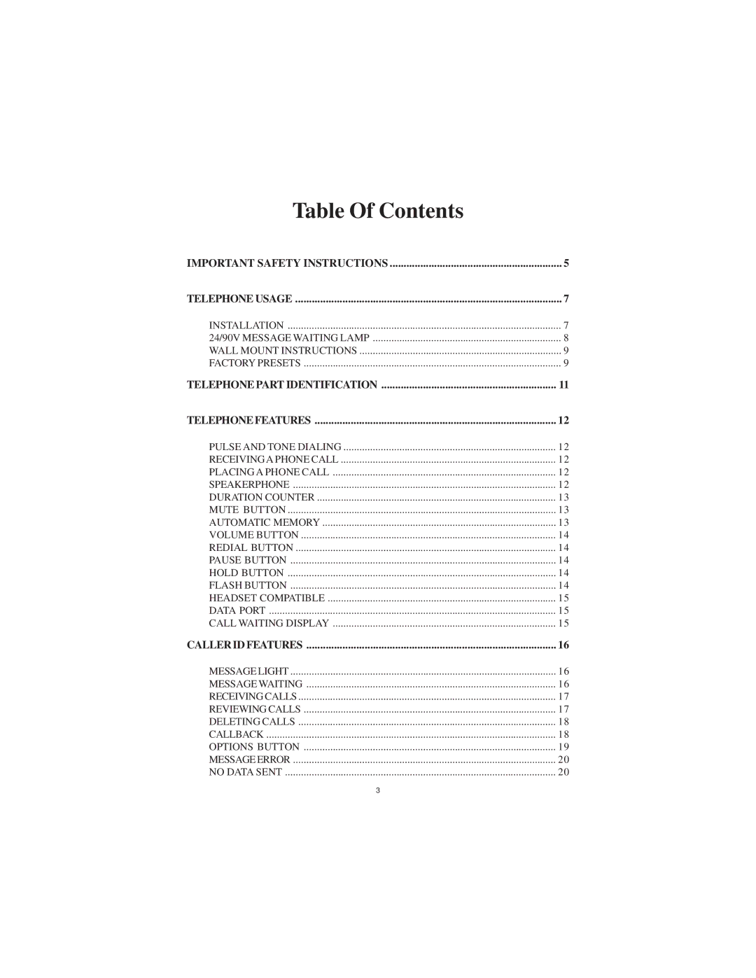 Cortelco 2200 instruction manual Table Of Contents 