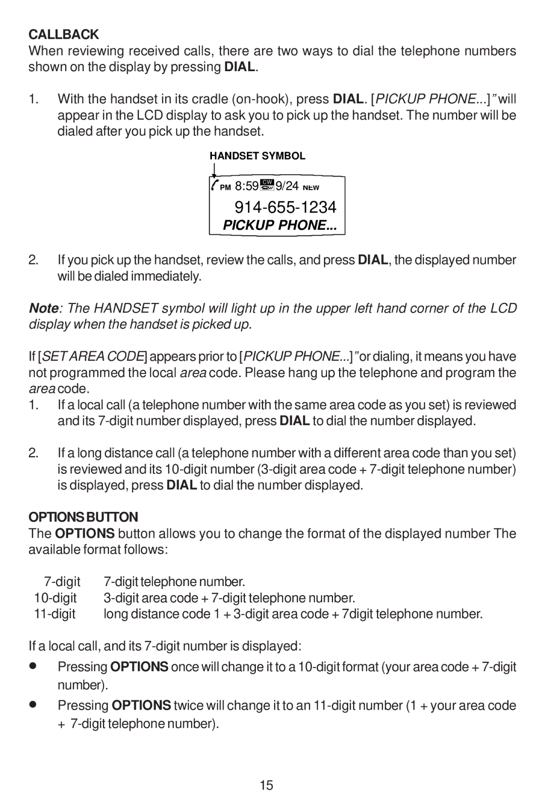 Cortelco 2200 instruction manual Callback, Optionsbutton 