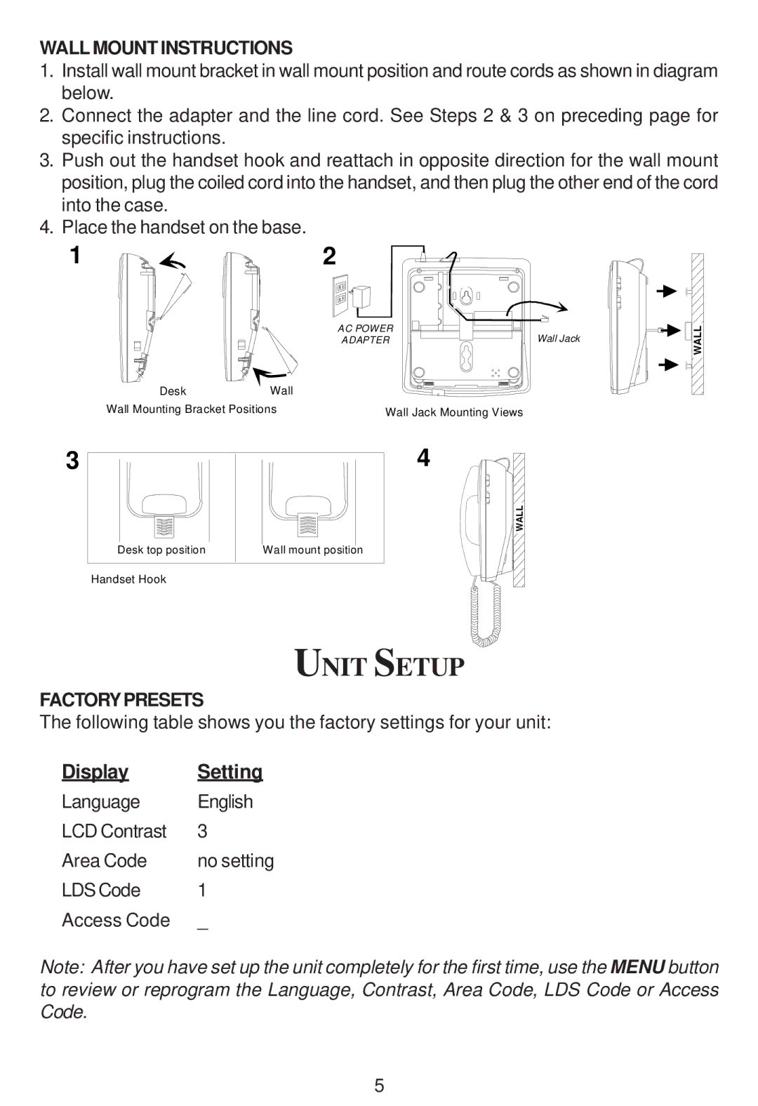 Cortelco 2200 instruction manual Unit Setup, Wall Mount Instructions, Factorypresets 