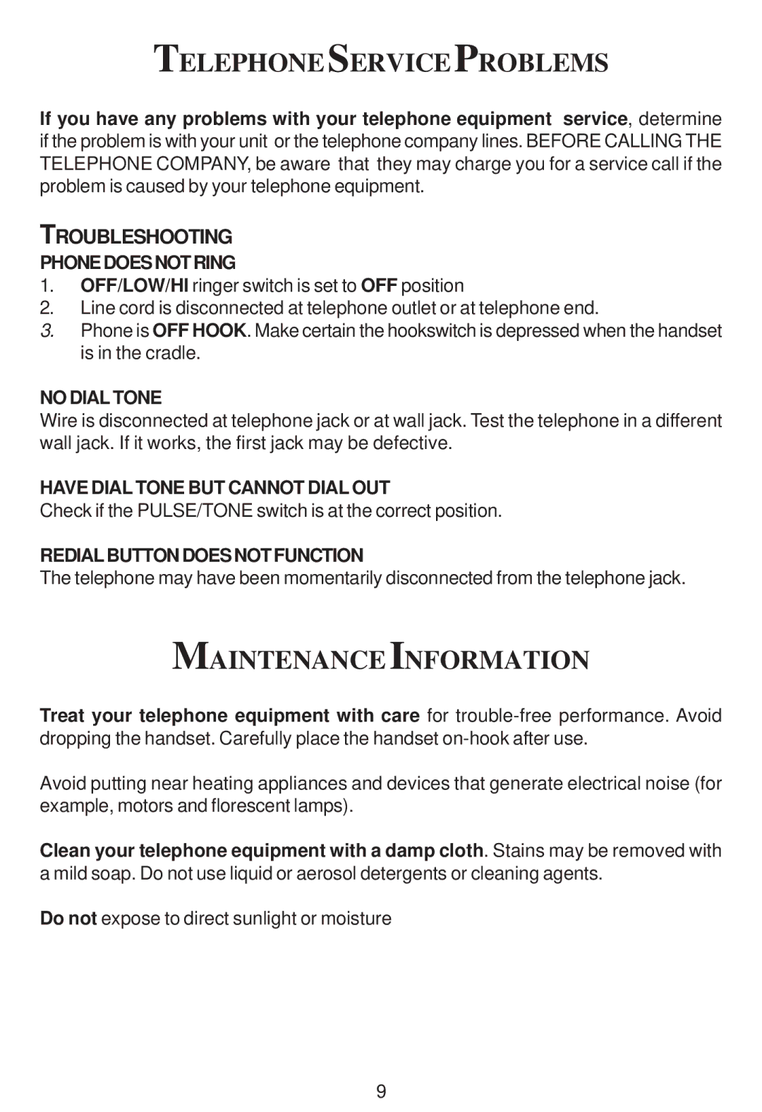 Cortelco 2201 instruction manual Telephoneserviceproblems, Maintenance Information 