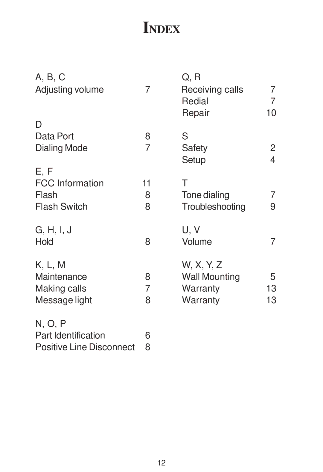 Cortelco 2201 instruction manual Index 