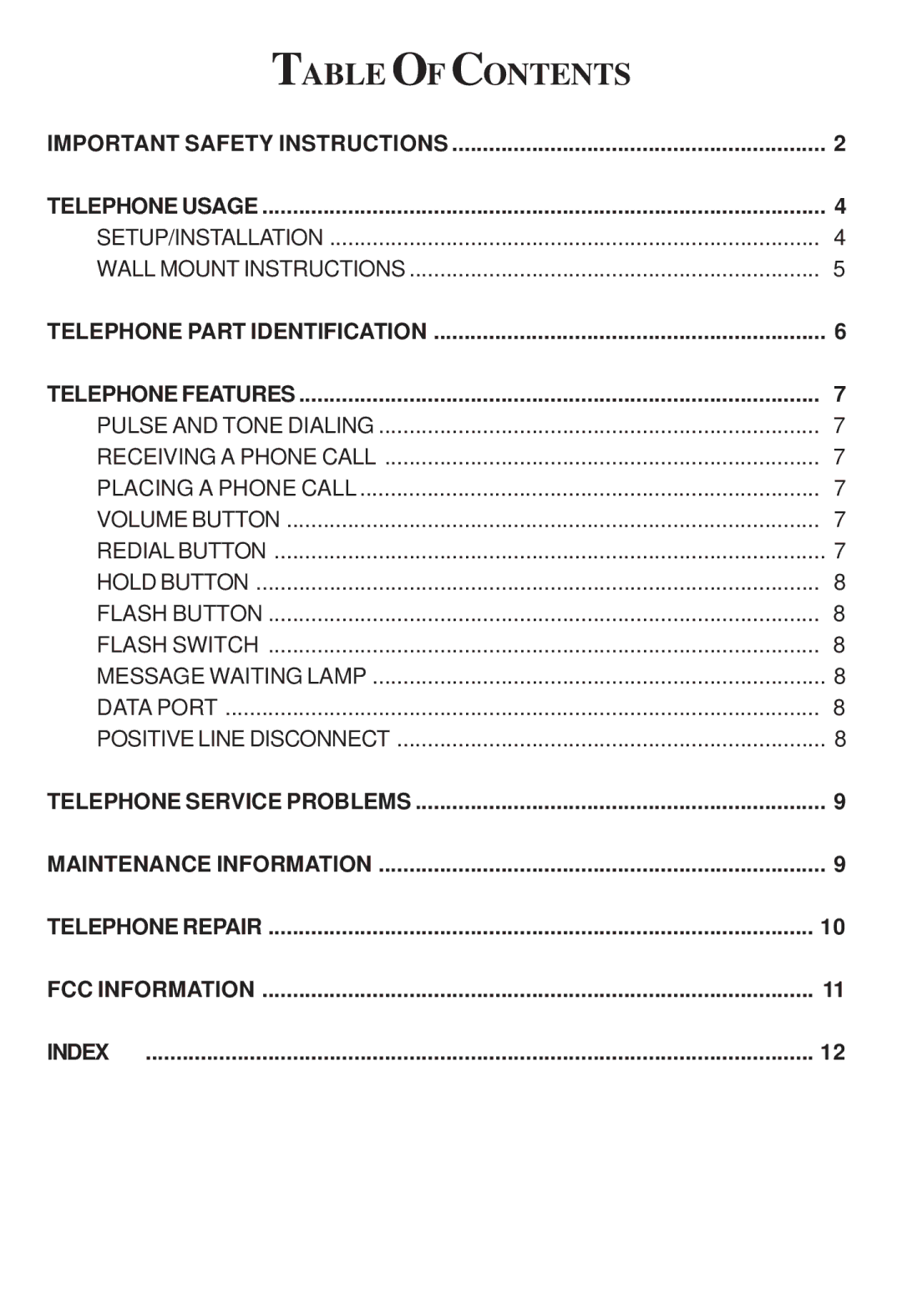 Cortelco 2201 instruction manual Table of Contents 