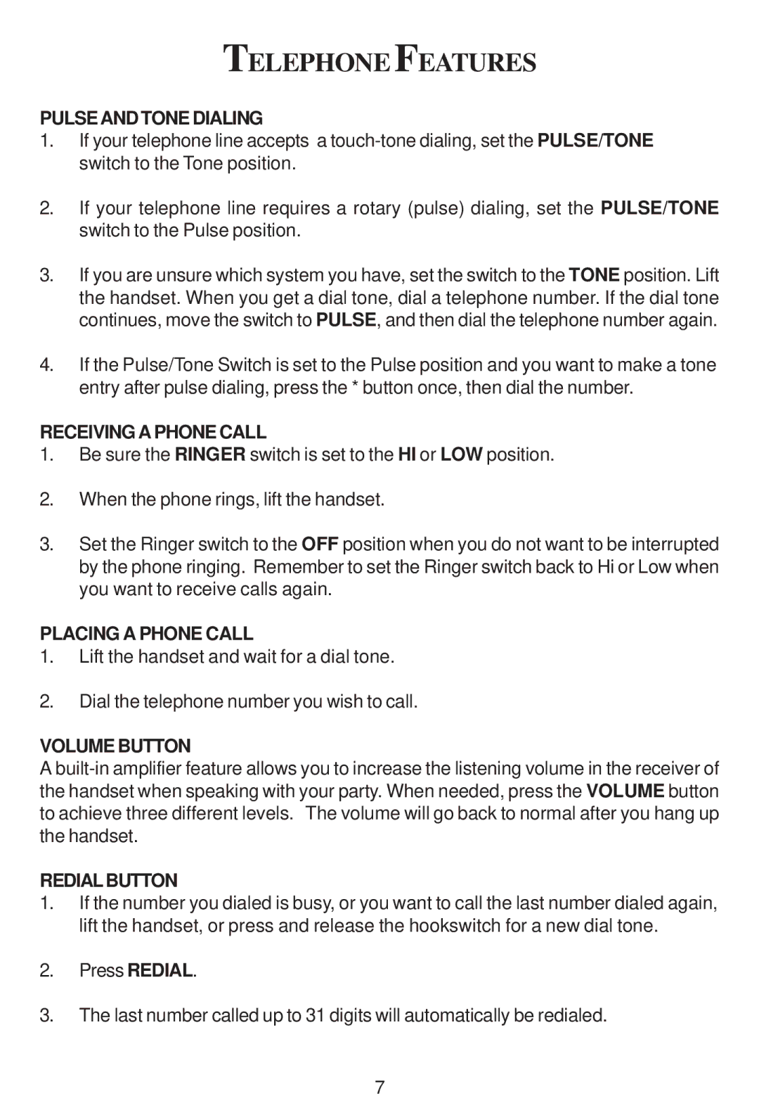 Cortelco 2201 instruction manual Telephone Features 