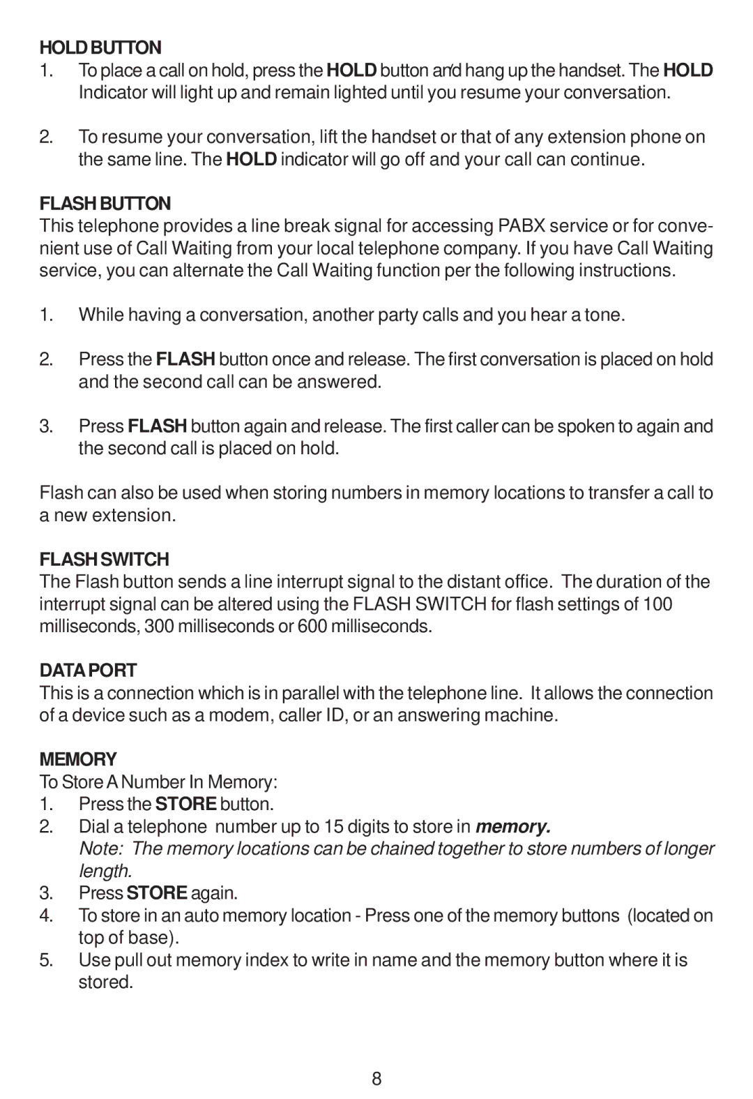 Cortelco 2202 instruction manual Holdbutton, Flashbutton, Flash Switch, Dataport, Memory 