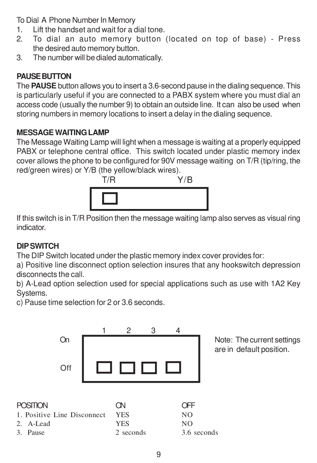 Cortelco 2202 instruction manual Pausebutton, Message Waiting Lamp, DIP Switch 