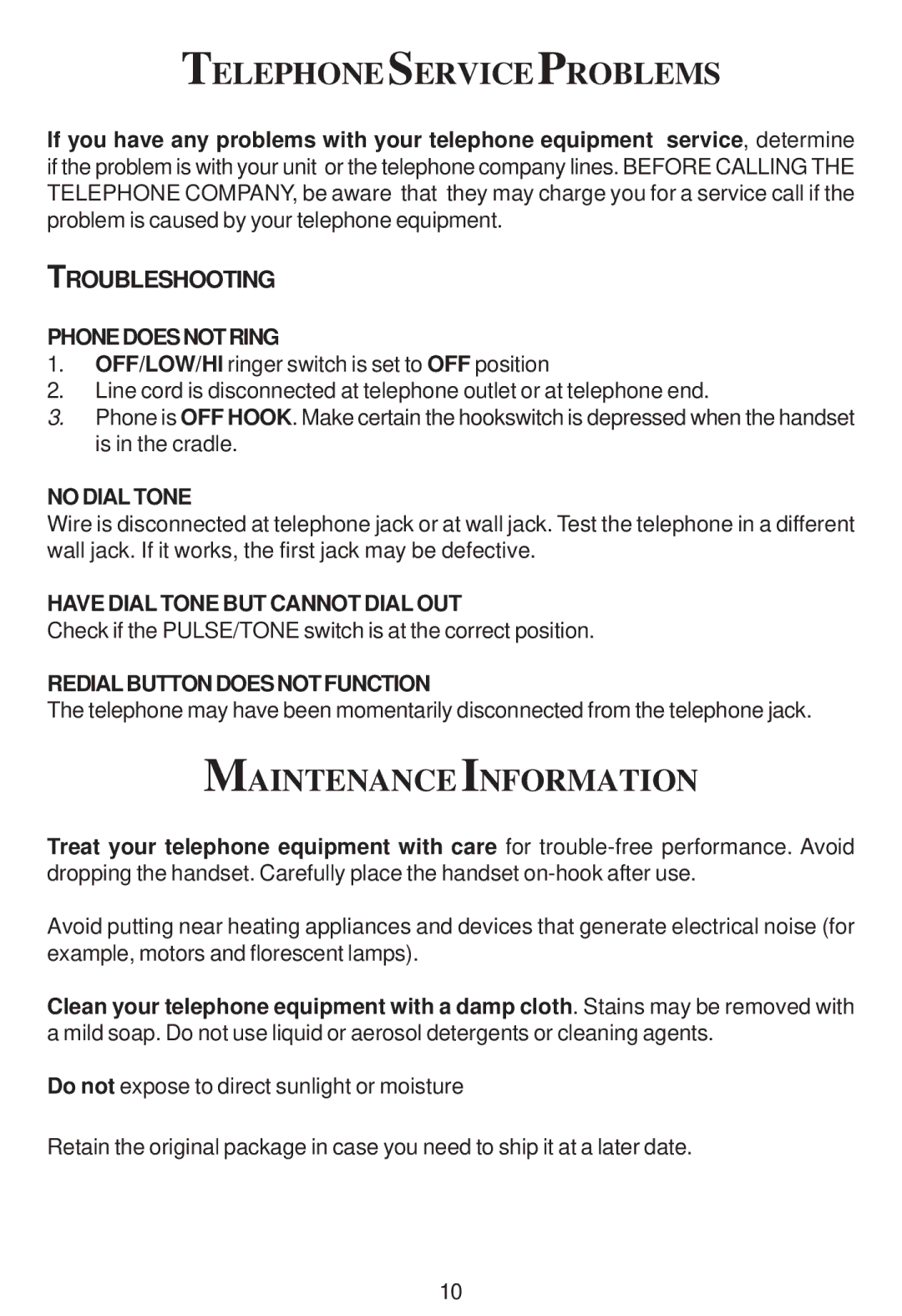 Cortelco 2202 instruction manual Telephoneserviceproblems, Maintenance Information 