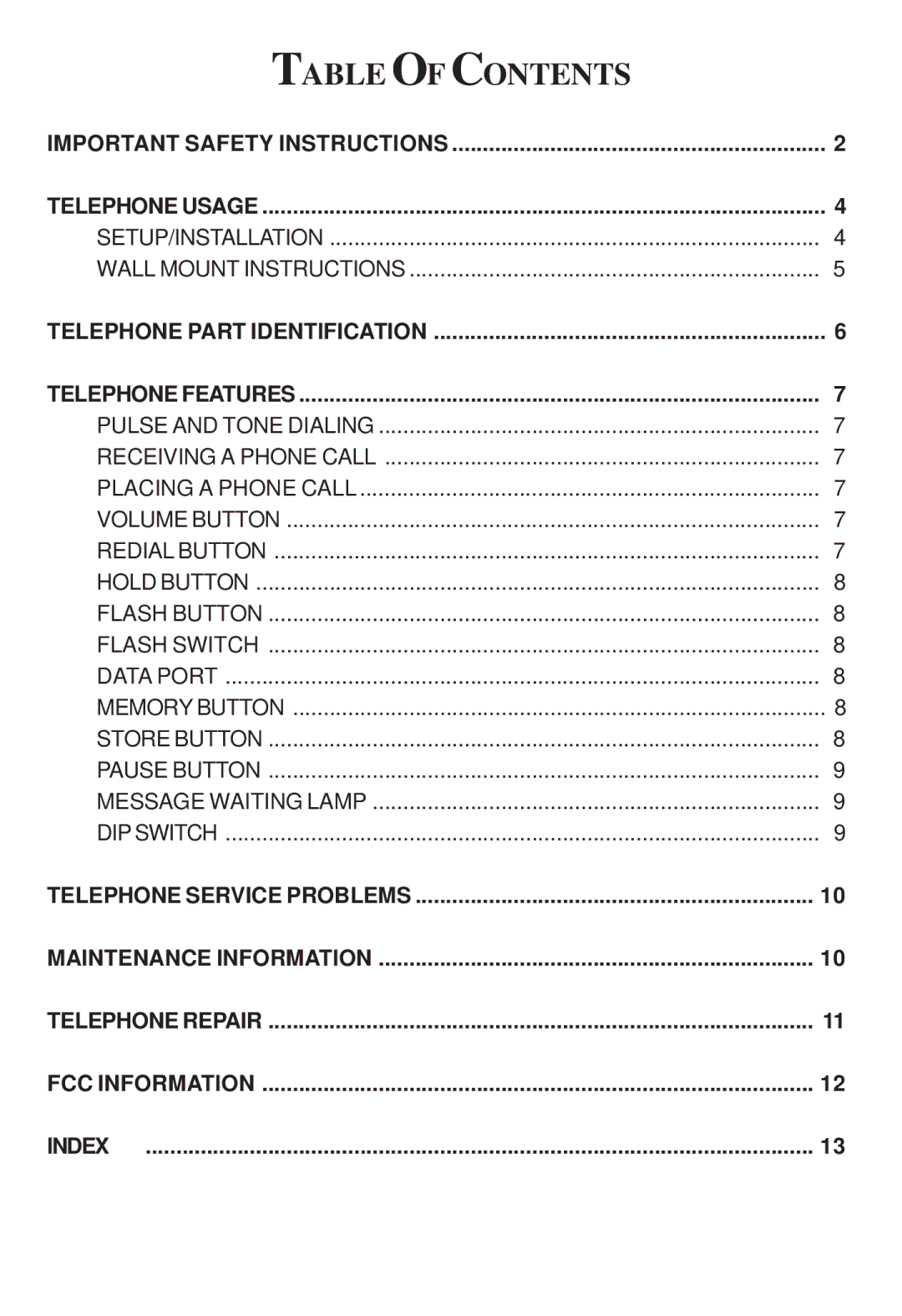 Cortelco 2202 instruction manual Table of Contents 