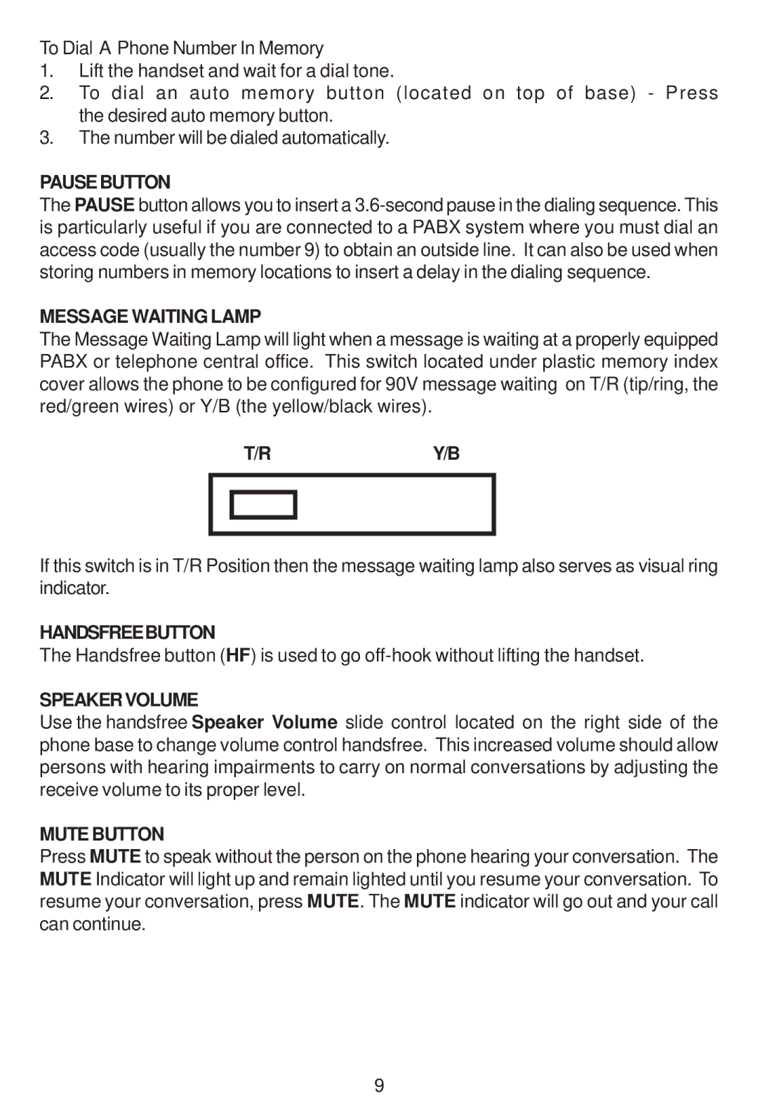 Cortelco 2203 instruction manual Pausebutton, Message Waiting Lamp, Ry/B, Handsfreebutton, Speakervolume, Mutebutton 