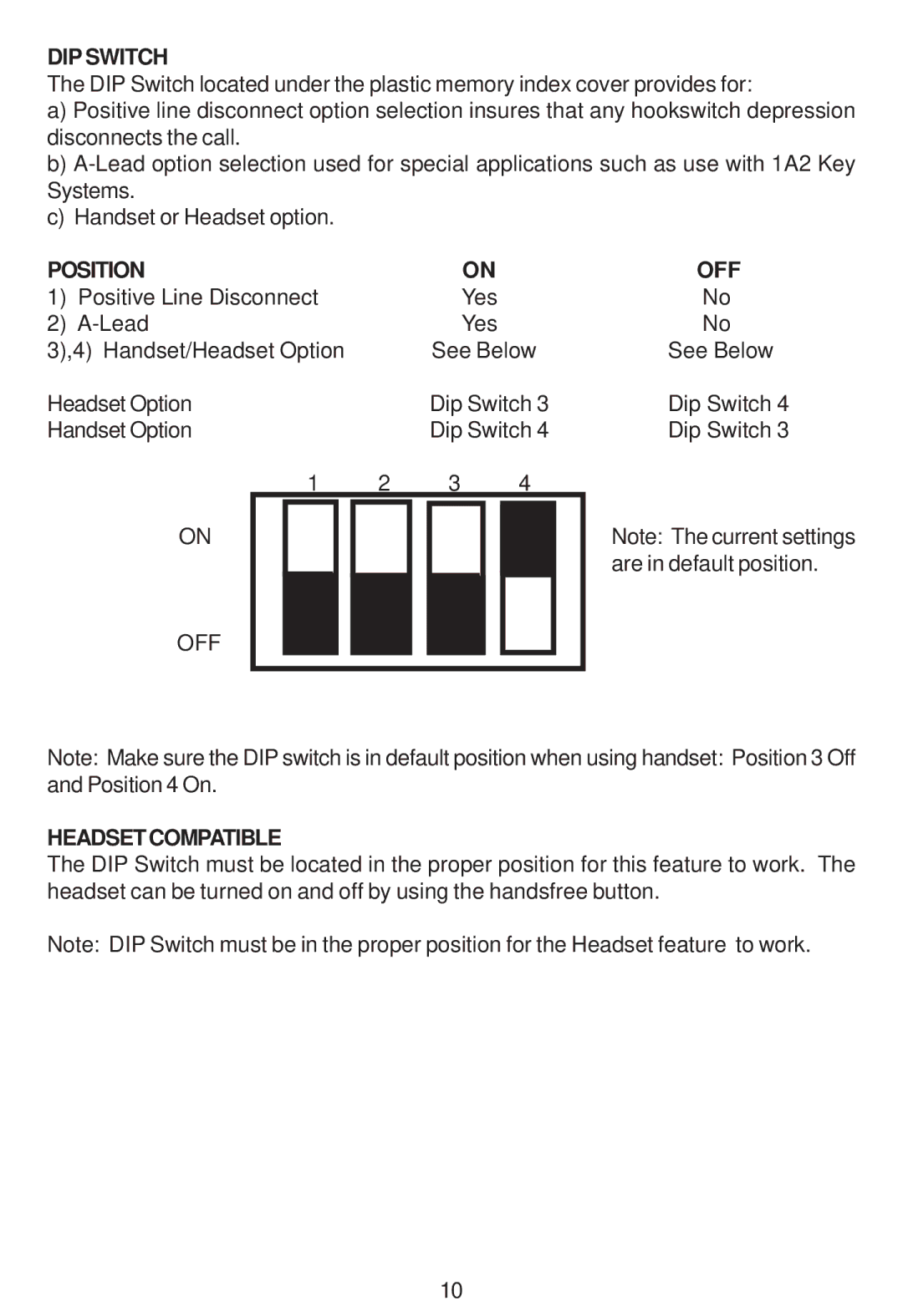 Cortelco 2203 instruction manual DIP Switch, Position, Off, Headsetcompatible 