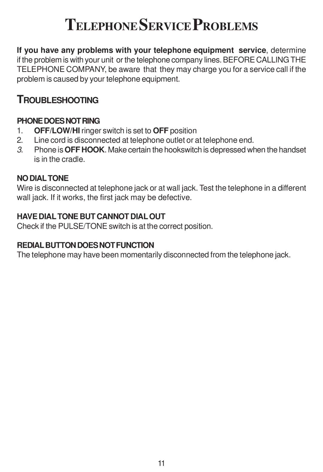 Cortelco 2203 Telephoneserviceproblems, Phonedoesnotring, No Dial Tone, Have Dial Tone but Cannot Dial OUT 