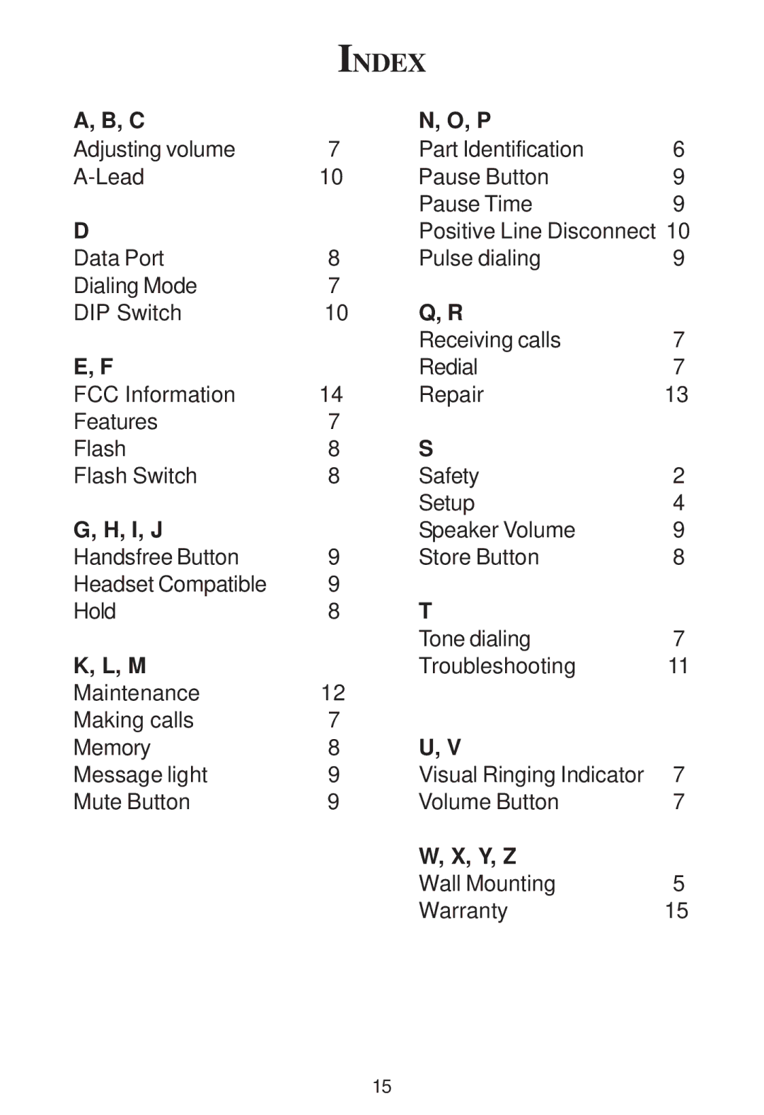 Cortelco 2203 instruction manual Index, I, J 