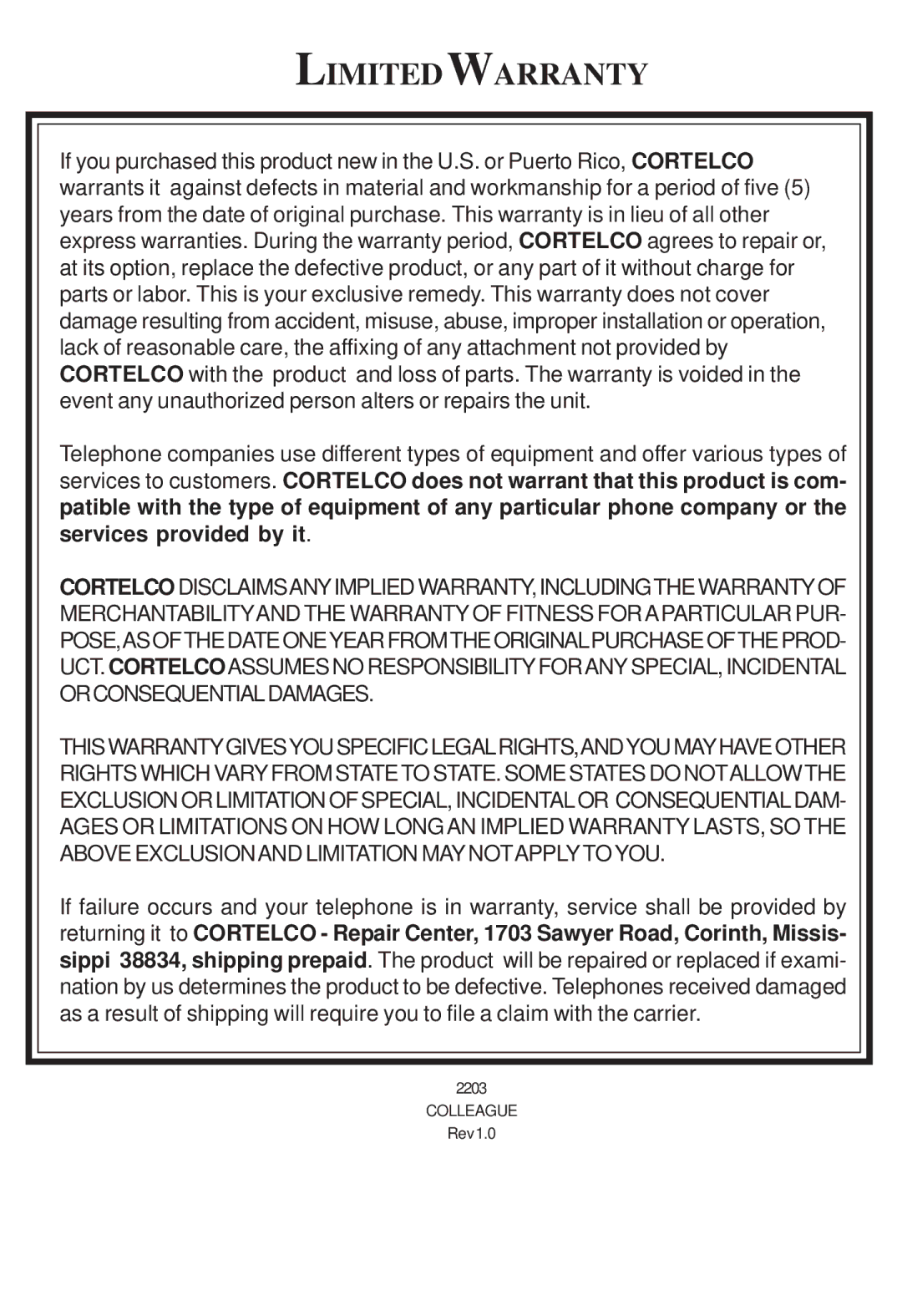 Cortelco 2203 instruction manual Limitedwarranty 