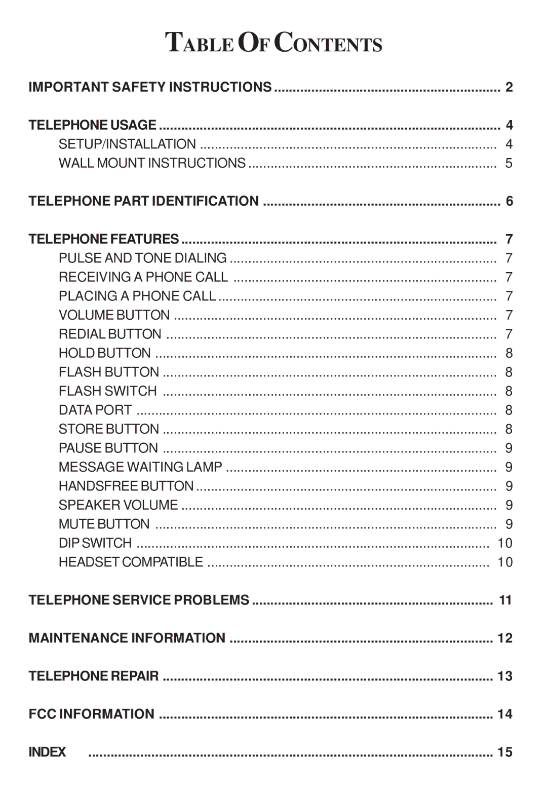 Cortelco 2203 instruction manual Table of Contents 