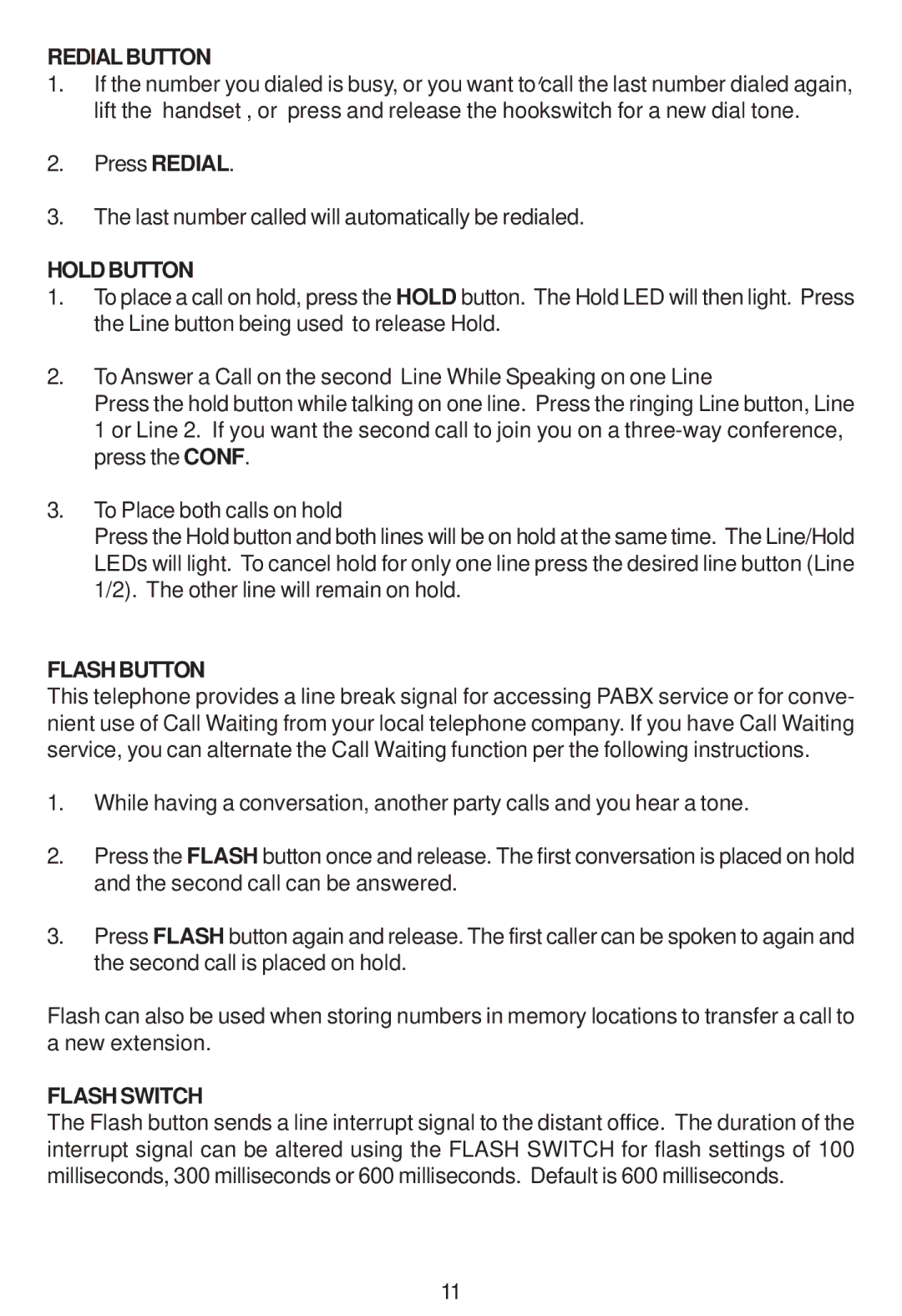 Cortelco 2205 instruction manual Redialbutton, Holdbutton, Flashbutton, Flash Switch 