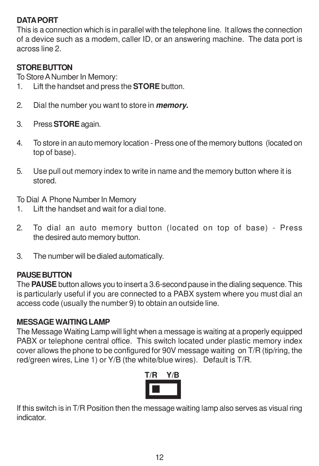 Cortelco 2205 instruction manual Dataport, Storebutton, Pausebutton, Message Waiting Lamp, Y/B 