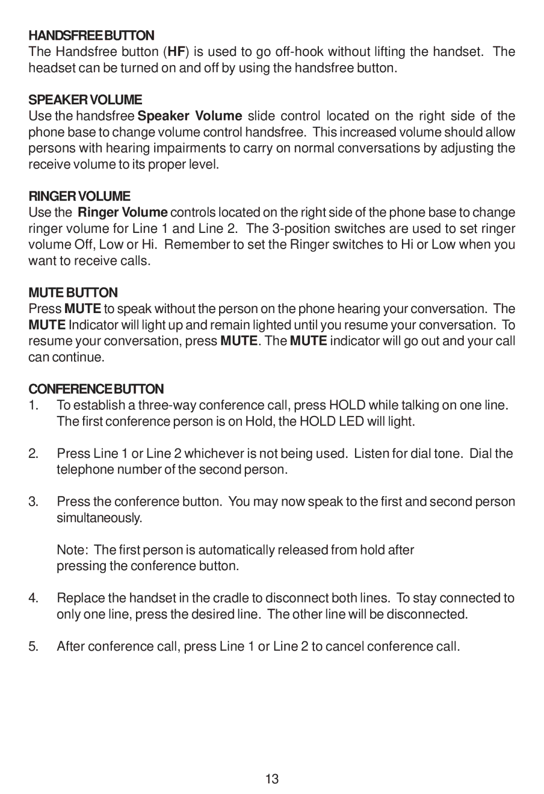 Cortelco 2205 instruction manual Handsfreebutton, Speakervolume, Ringervolume, Mutebutton, Conferencebutton 