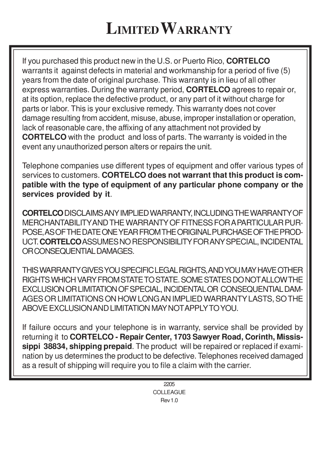 Cortelco 2205 instruction manual Limitedwarranty 