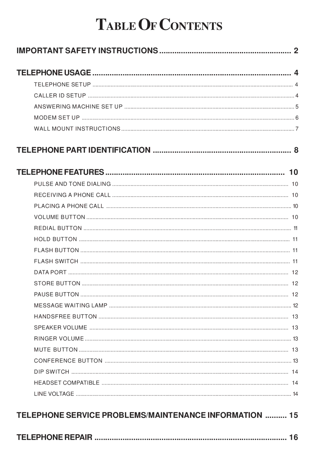 Cortelco 2205 instruction manual Table of Contents 