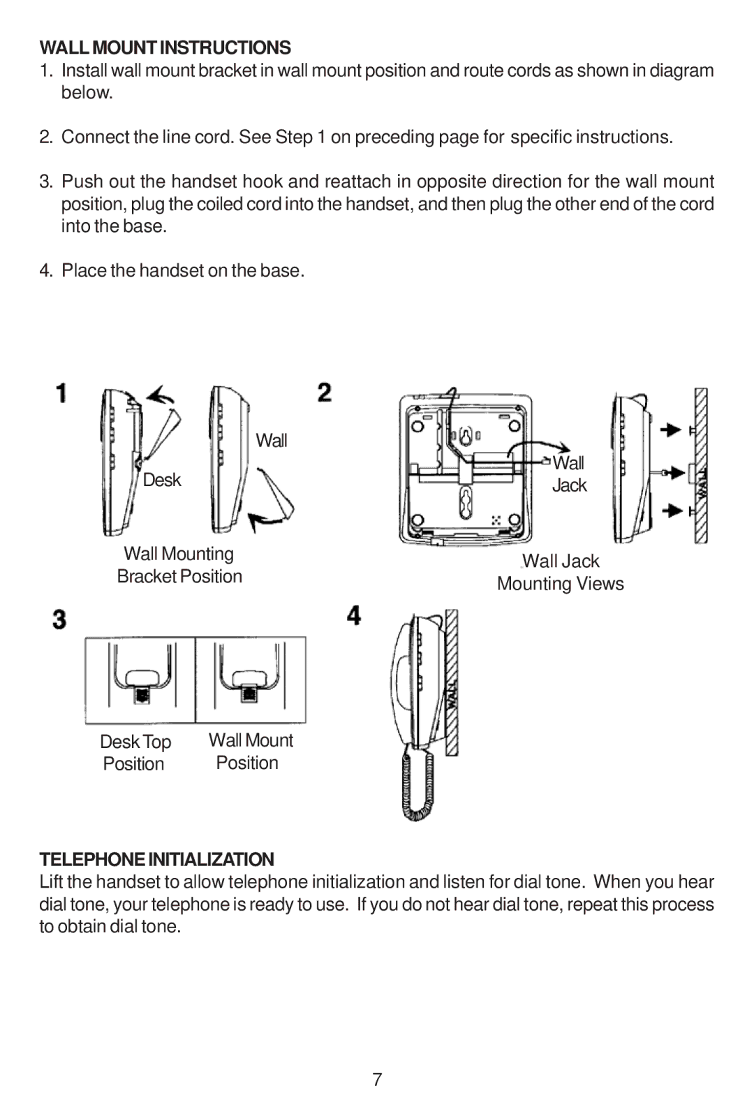 Cortelco 2205 instruction manual Wall Mount Instructions, Telephone Initialization 