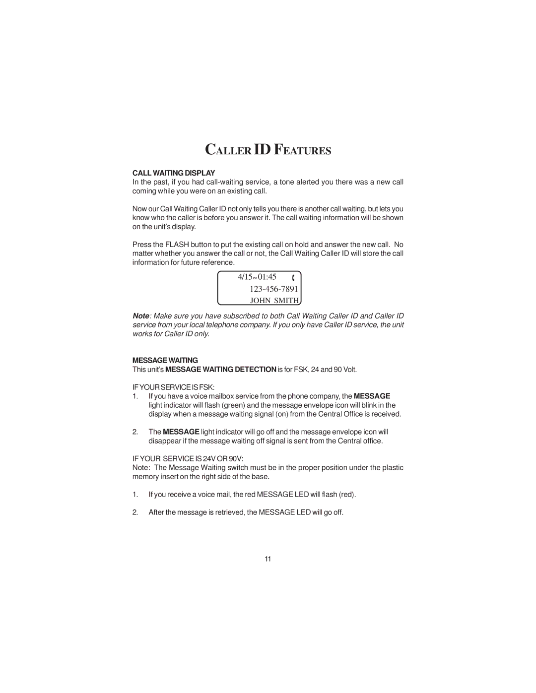 Cortelco 2211 instruction manual Caller ID Features, Call Waiting Display, Message Waiting 