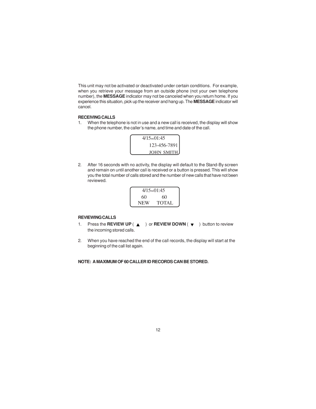 Cortelco 2211 instruction manual Receiving Calls, Reviewing Calls 