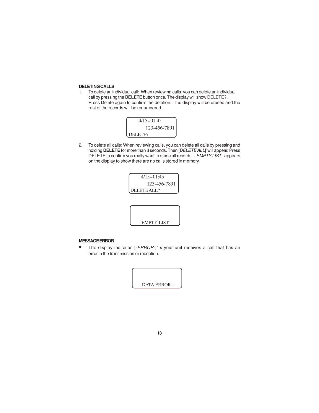 Cortelco 2211 instruction manual Deleting Calls, Messageerror 