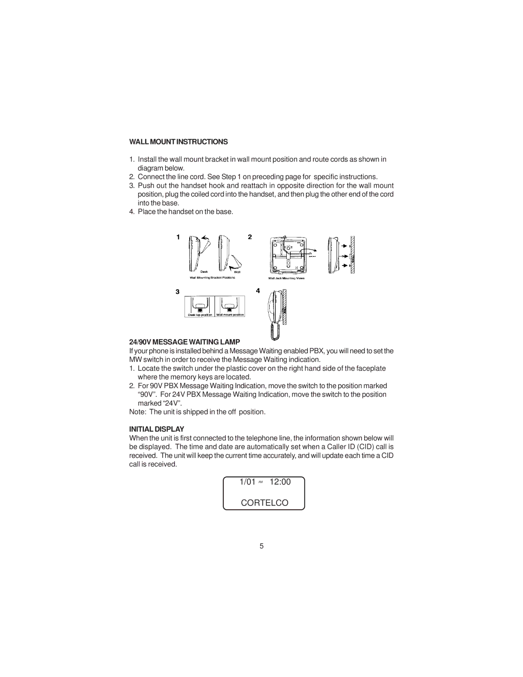 Cortelco 2211 instruction manual Wall Mount Instructions, 24/90V Message Waiting Lamp, Initial Display 