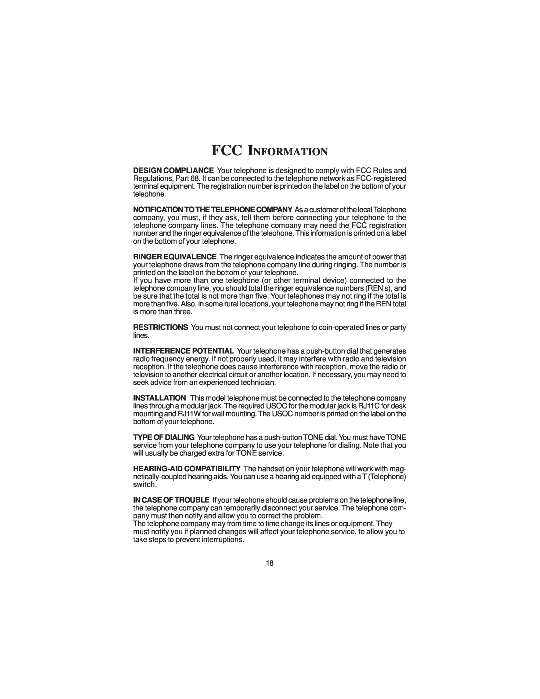 Cortelco 2211 instruction manual Fcc Information 