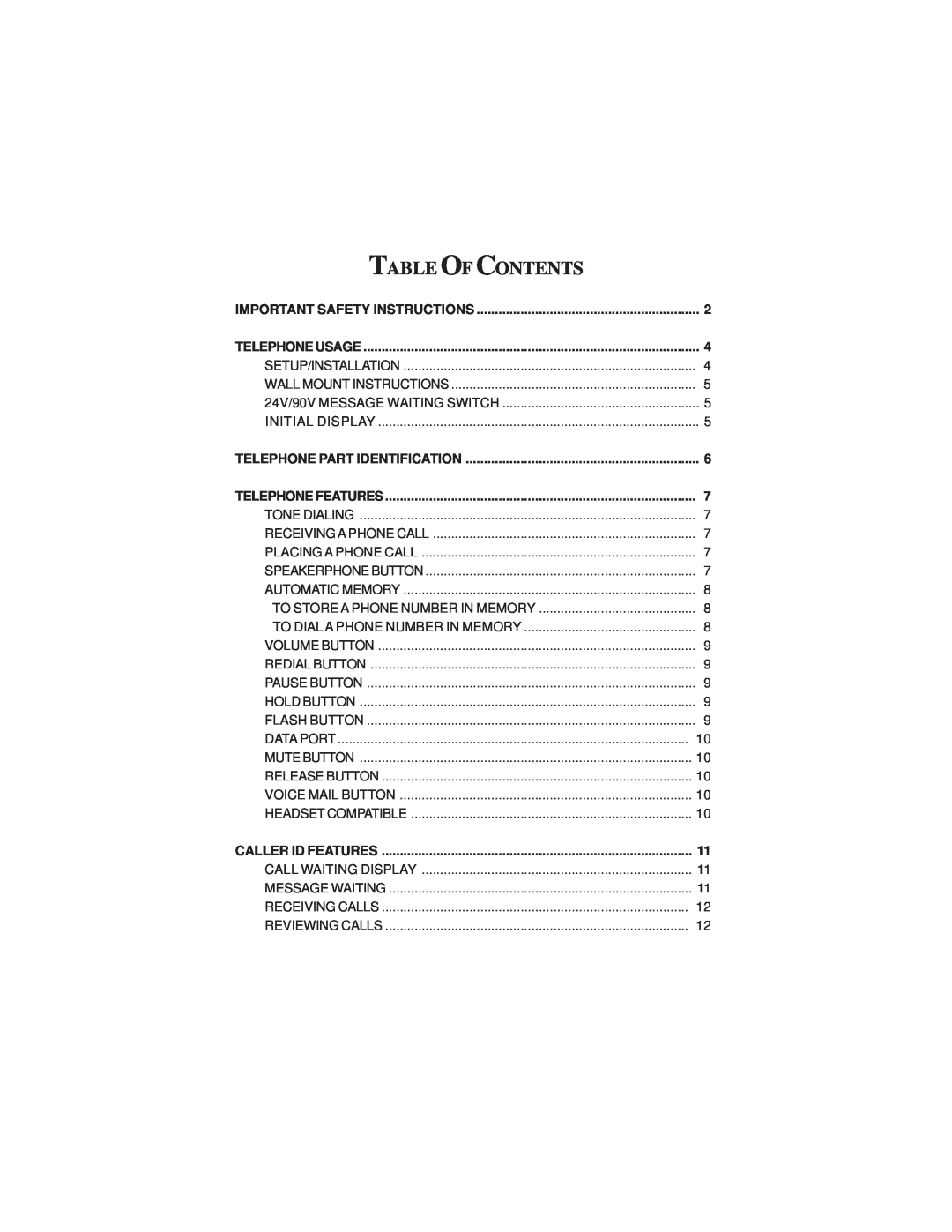 Cortelco 2211 Table Of Contents, Important Safety Instructions, Telephone Usage, Telephone Part Identification 