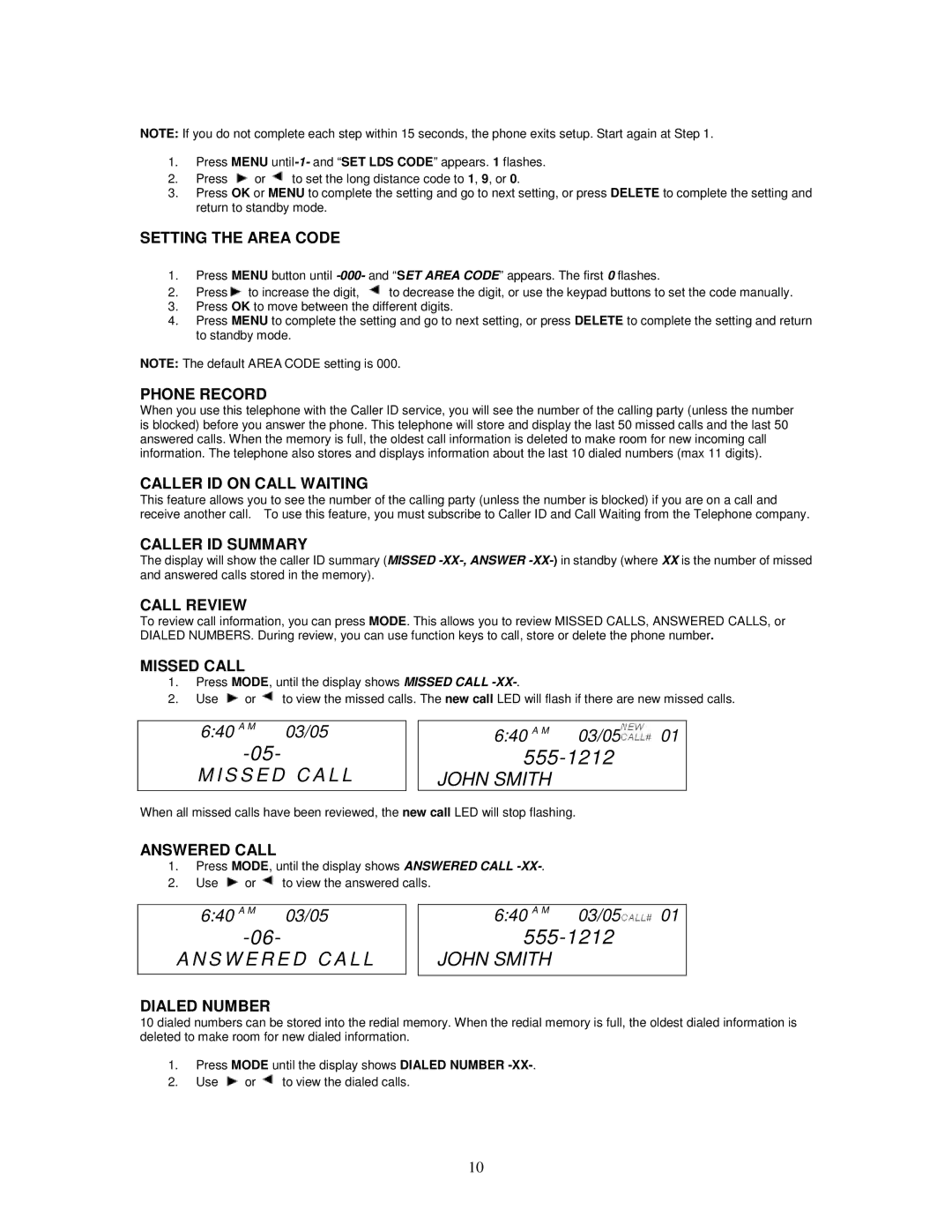 Cortelco 2420 Setting the Area Code, Phone Record, Caller ID on Call Waiting, Caller ID Summary, Call Review, Missed Call 