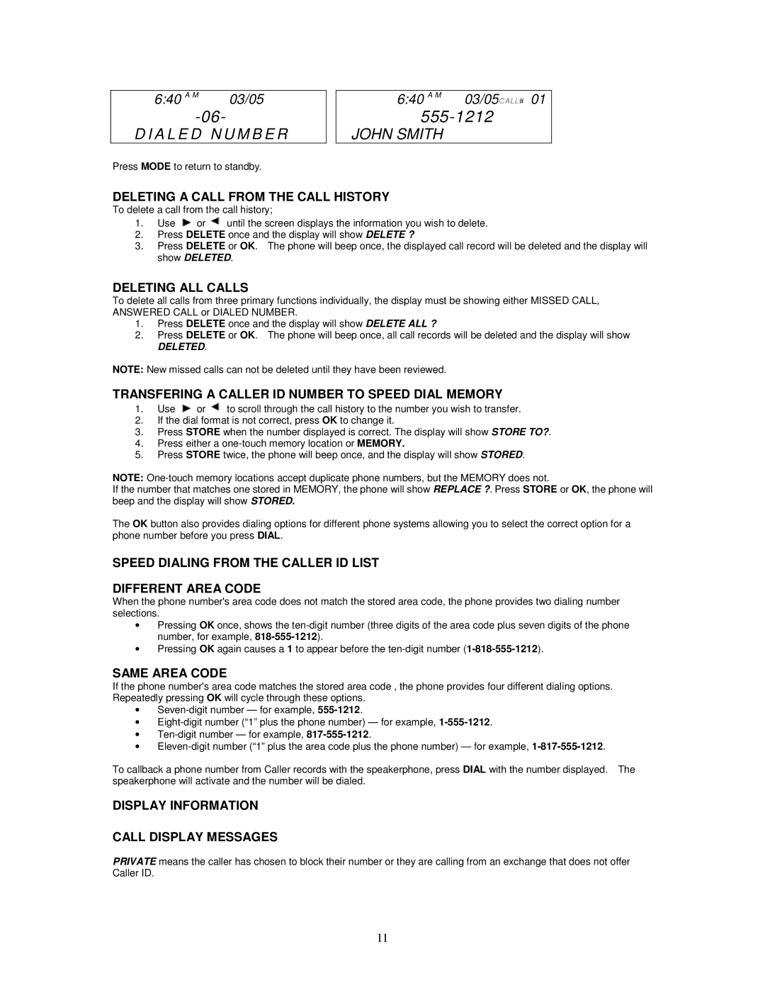 Cortelco 2420 instruction manual Deleting a Call from the Call History, Deleting ALL Calls, Same Area Code 