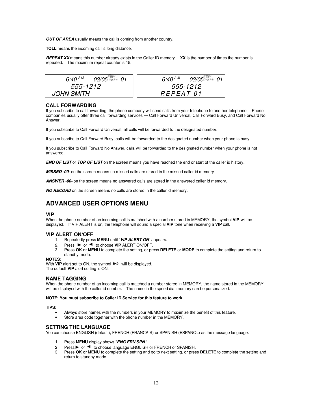 Cortelco 2420 instruction manual Advanced User Options Menu 