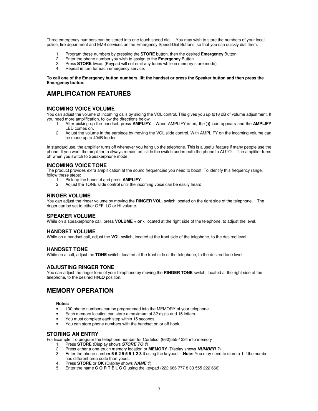 Cortelco 2420 instruction manual Amplification Features, Memory Operation 