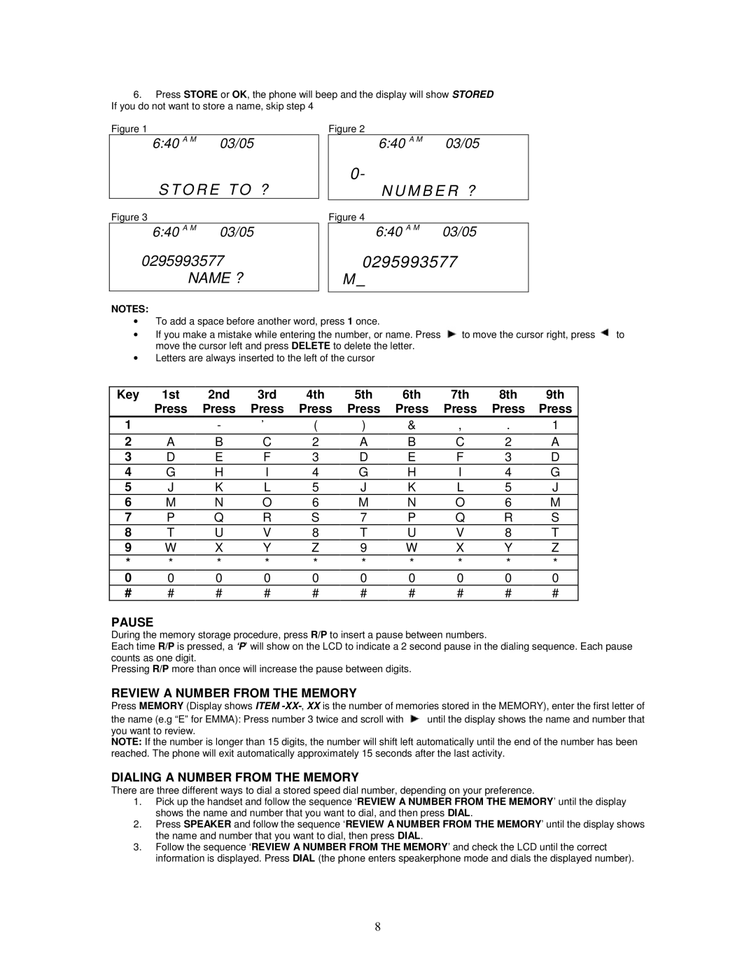 Cortelco 2420 instruction manual Pause, Review a Number from the Memory, Dialing a Number from the Memory 