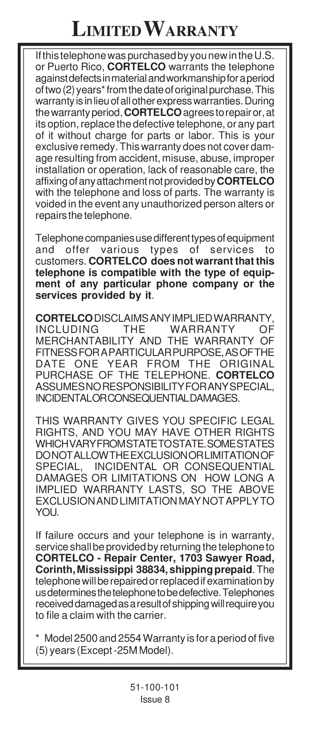 Cortelco 2554, 2500 instruction manual Limitedwarranty 