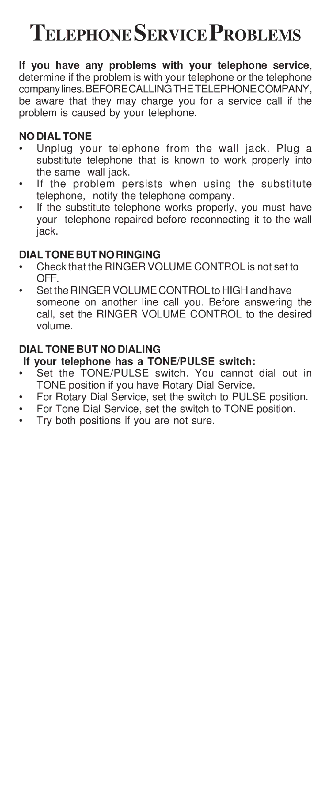 Cortelco 2500, 2554 Telephoneserviceproblems, No Dial Tone, Dial Tone but no Ringing, Dial Tone but no Dialing 