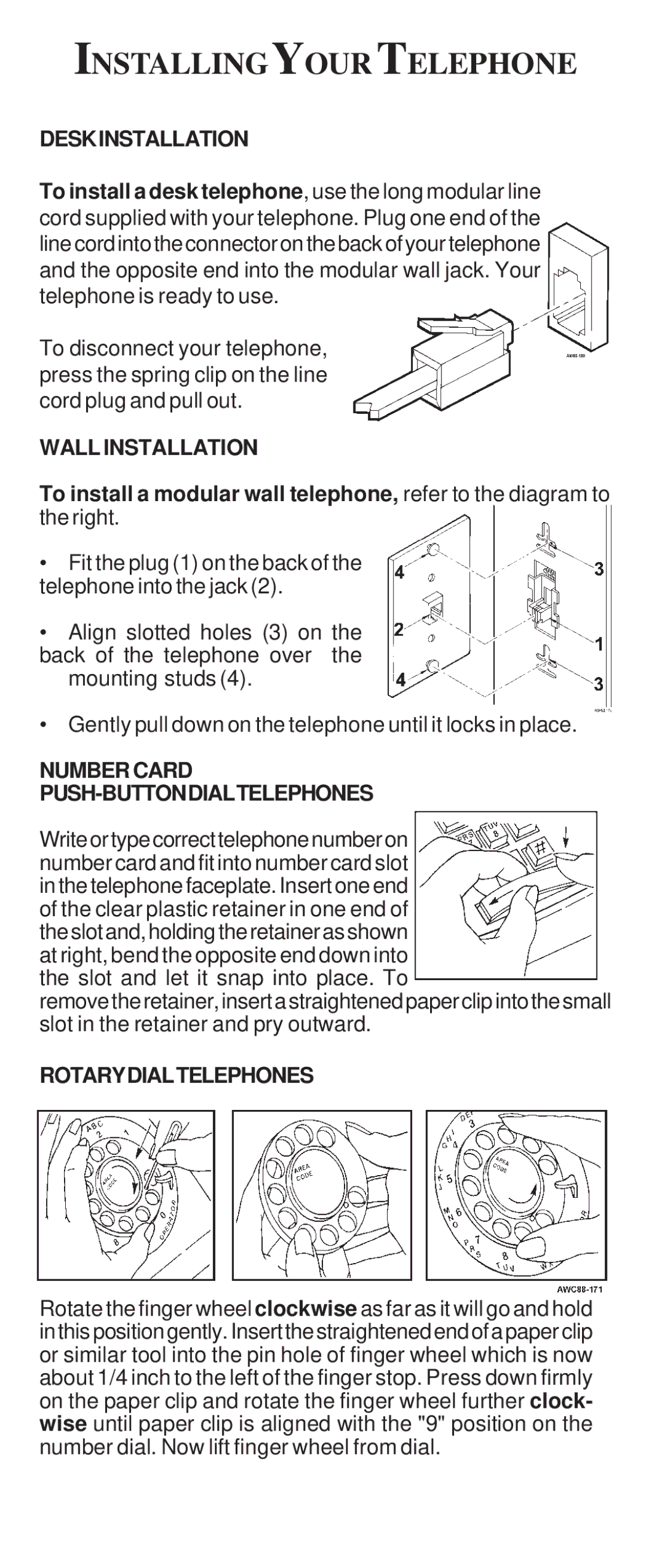 Cortelco 2554, 2500 Installingyour Telephone, Deskinstallation, Wallinstallation, Numbercard PUSH-BUTTONDIALTELEPHONES 