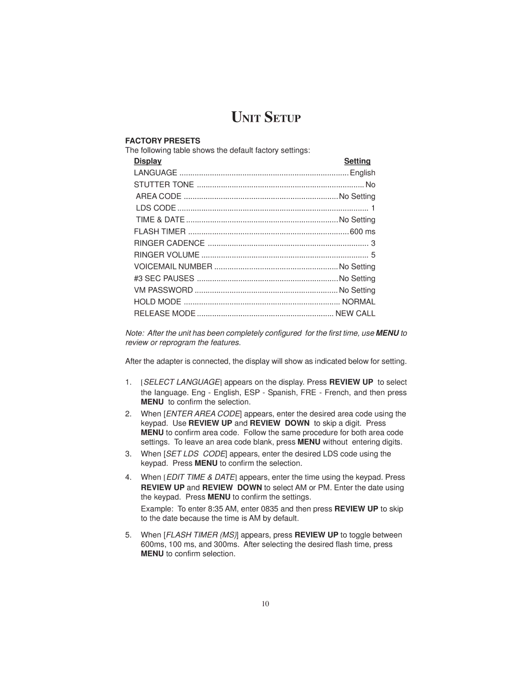 Cortelco 2700 instruction manual Unit Setup, Factory Presets, Display Setting 