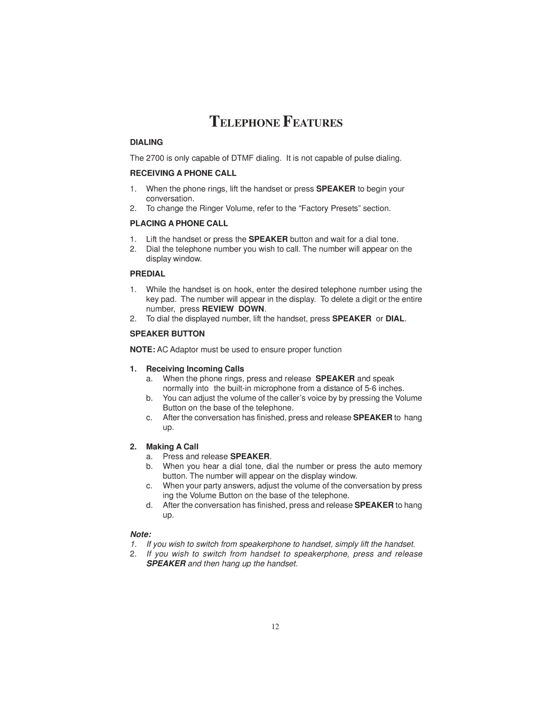 Cortelco 2700 instruction manual Telephone Features 