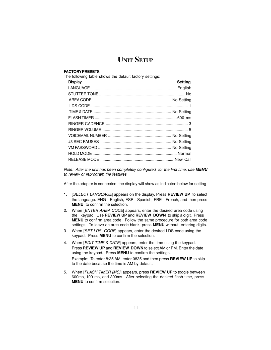 Cortelco 2705 instruction manual Unit Setup, Factory Presets, Display Setting 