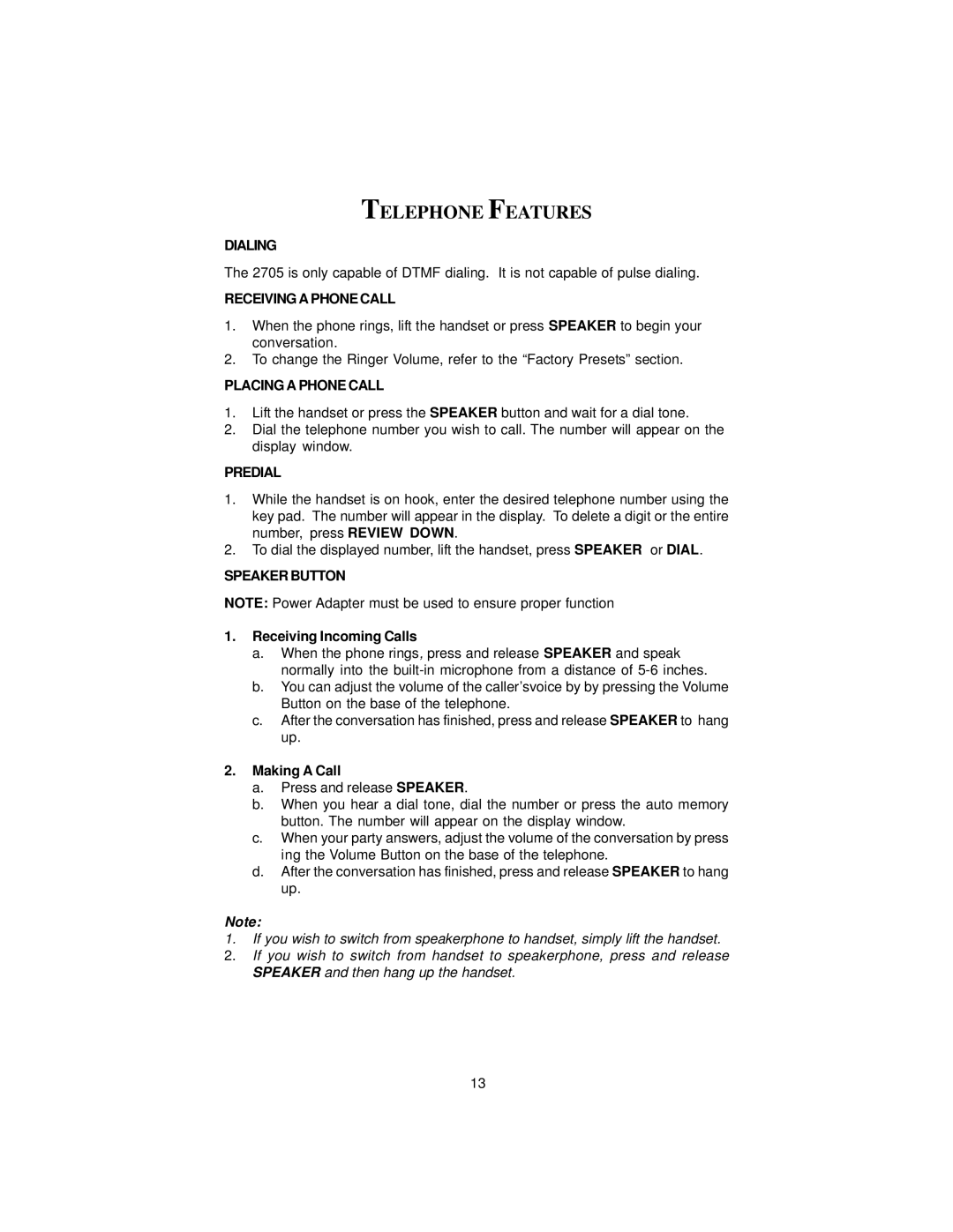 Cortelco 2705 instruction manual Telephone Features 