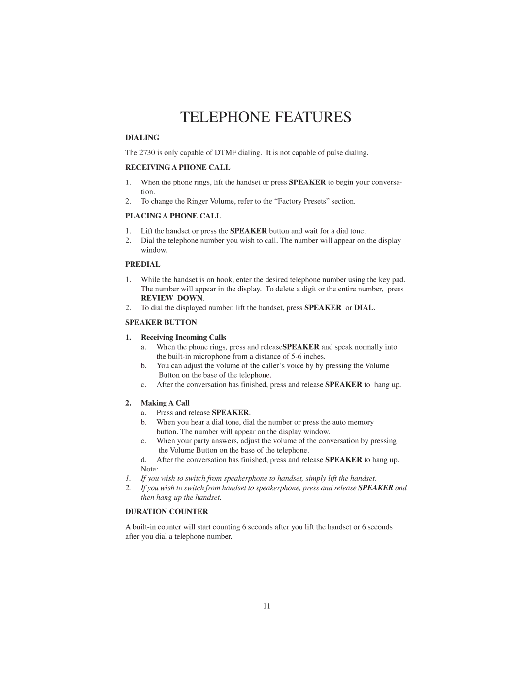 Cortelco 2730 instruction manual Telephone Features 