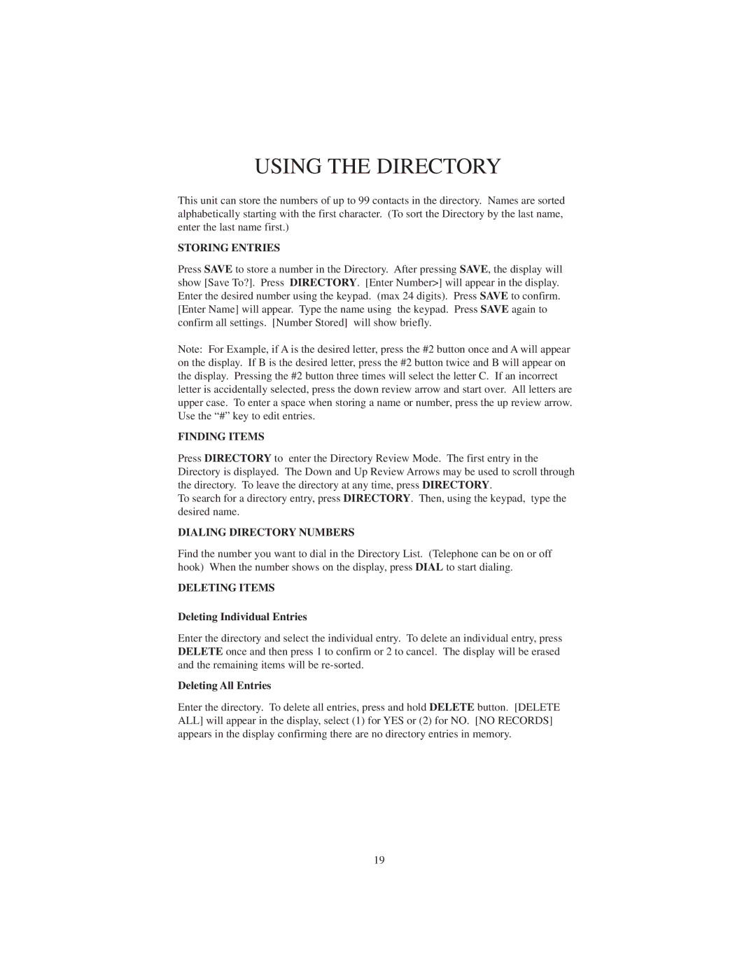 Cortelco 2730 Using the Directory, Storing Entries, Finding Items, Dialing Directory Numbers, Deleting Items 