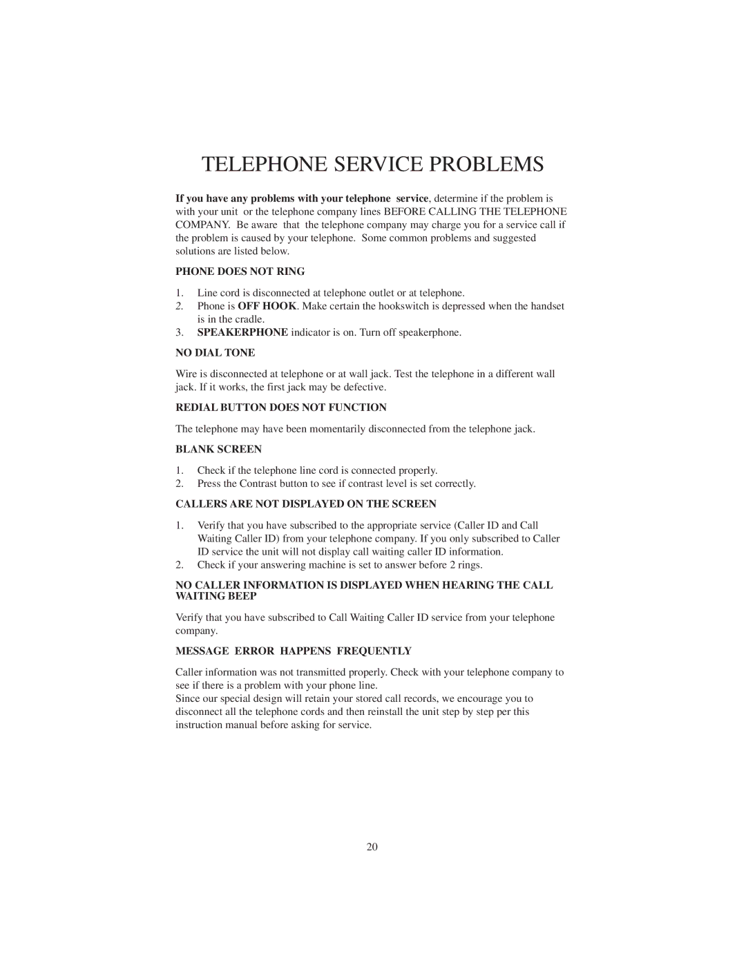 Cortelco 2730 instruction manual Telephone Service Problems 